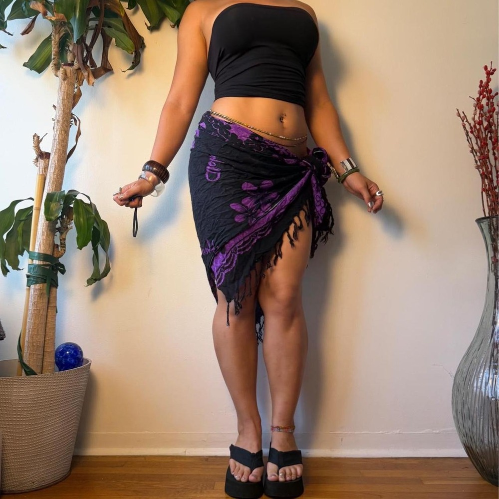 Handmade Y2K Purple Black Hibiscus Fringe Wrap Skirt Sarong One Size